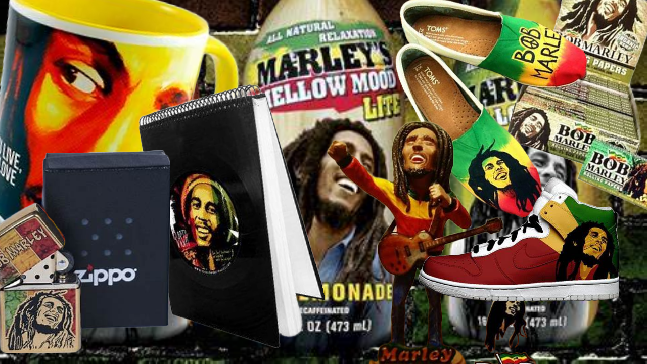 fotos de articulos comerciales de  bob marley, zapatos, encendedores, bebidas, taza